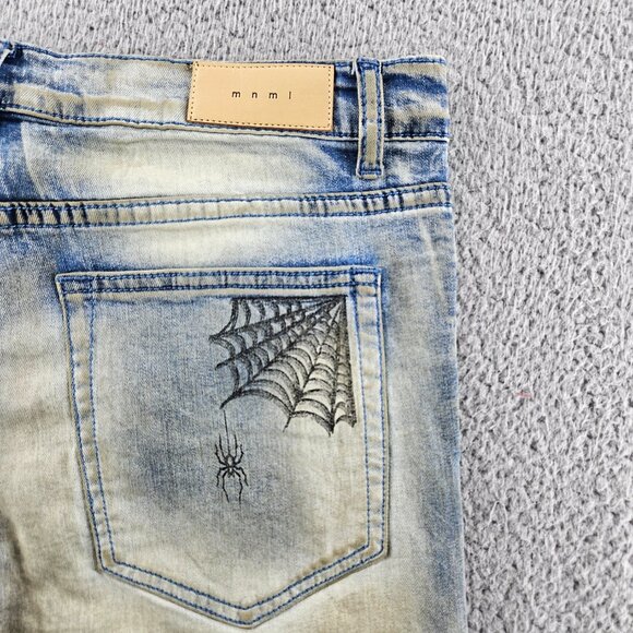 mnml X182 Stretch Denim Jeans Mens 36 Blue Los Angeles Graphic Distressed Slim - Picture 15 of 16